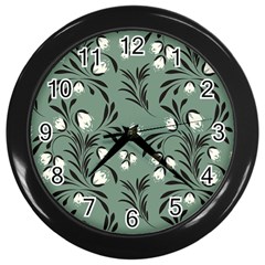 Folk Flowers Pattern Wall Clock (black) by Eskimos