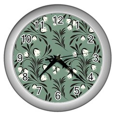 Folk Flowers Pattern Wall Clock (silver) by Eskimos