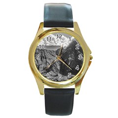 Machu Picchu Black And White Landscape Round Gold Metal Watch by dflcprintsclothing