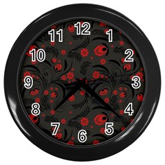 Folk Flowers Pattern Floral Surface Design Wall Clock (black) by Eskimos