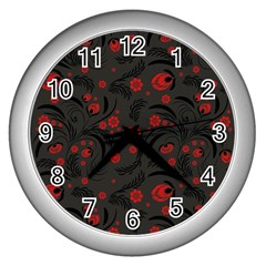 Folk Flowers Pattern Floral Surface Design Wall Clock (silver) by Eskimos