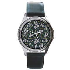 Folk Flowers Pattern Floral Surface Design Round Metal Watch by Eskimos