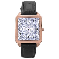 Blue Biro Patterns Rose Gold Leather Watch  by kaleidomarblingart