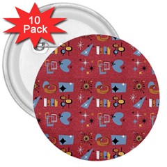 50s Small Print 3  Buttons (10 pack) 