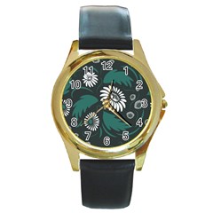 Folk Flowers Pattern Round Gold Metal Watch by Eskimos