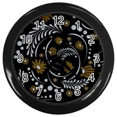 Folk Flowers Pattern Wall Clock (black) by Eskimos