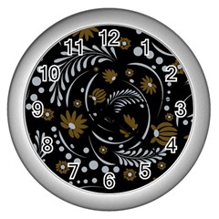 Folk Flowers Pattern Wall Clock (silver) by Eskimos