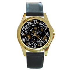 Folk Flowers Pattern Round Gold Metal Watch by Eskimos