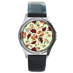 Folk Flowers Pattern Round Metal Watch