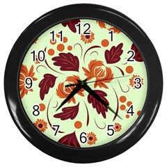 Folk Flowers Pattern Wall Clock (black) by Eskimos