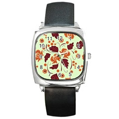 Folk Flowers Pattern Square Metal Watch by Eskimos