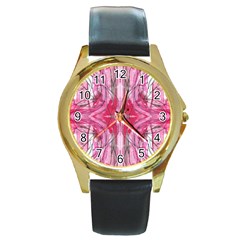 Magenta Marbling Symmetry Round Gold Metal Watch by kaleidomarblingart