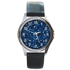 Dark Blue Stars Round Metal Watch by AnkouArts