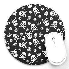 Skull And Cross Bone On Black Background Round Mousepads by AnkouArts