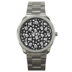 Skull And Cross Bone On Black Background Sport Metal Watch by AnkouArts