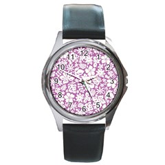 White Hawaiian Flowers On Purple Round Metal Watch