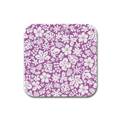 White Hawaiian Flowers On Purple Rubber Square Coaster (4 Pack)  by AnkouArts