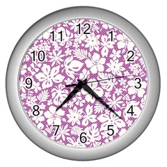 White Hawaiian Flowers On Purple Wall Clock (silver) by AnkouArts