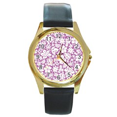 White Hawaiian Flowers On Purple Round Gold Metal Watch by AnkouArts