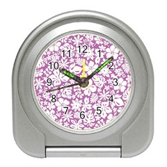 White Hawaiian Flowers On Purple Travel Alarm Clock by AnkouArts