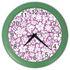 White Hawaiian Flowers On Purple Color Wall Clock by AnkouArts