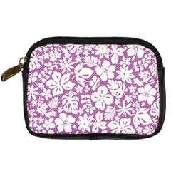 White Hawaiian Flowers On Purple Digital Camera Leather Case by AnkouArts