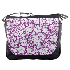 White Hawaiian Flowers On Purple Messenger Bag by AnkouArts