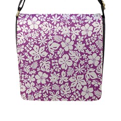 White Hawaiian Flowers On Purple Flap Closure Messenger Bag (l) by AnkouArts