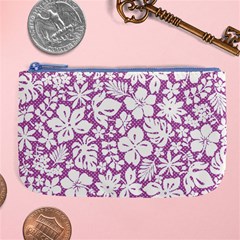 White Hawaiian Flowers On Purple Large Coin Purse by AnkouArts