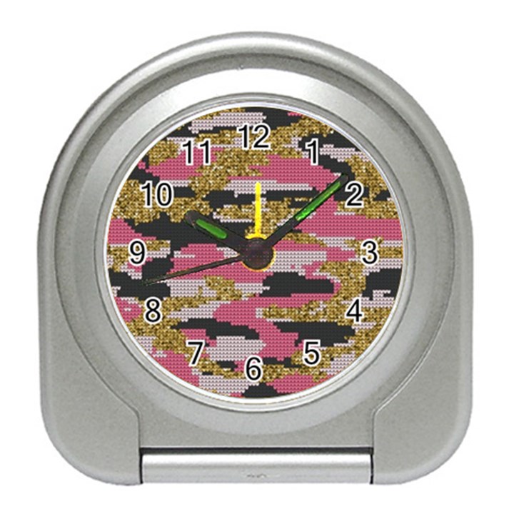 Abstract Glitter Gold, Black and Pink Camo Travel Alarm Clock