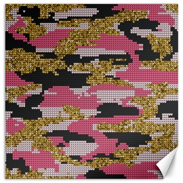 Abstract Glitter Gold, Black and Pink Camo Canvas 12  x 12 