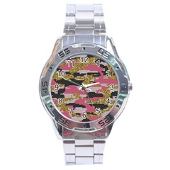 Abstract Glitter Gold, Black And Pink Camo Stainless Steel Analogue Watch by AnkouArts