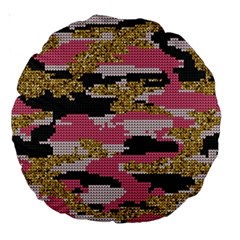 Abstract Glitter Gold, Black And Pink Camo Large 18  Premium Round Cushions by AnkouArts