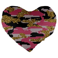 Abstract Glitter Gold, Black And Pink Camo Large 19  Premium Heart Shape Cushions by AnkouArts