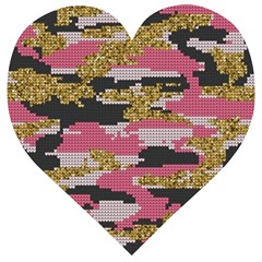 Abstract Glitter Gold, Black And Pink Camo Wooden Puzzle Heart by AnkouArts