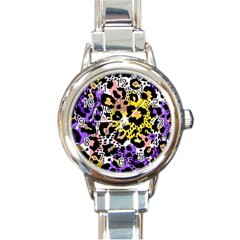 Black Leopard print with yellow, gold, purple and pink Round Italian Charm Watch