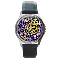 Black Leopard Print With Yellow, Gold, Purple And Pink Round Metal Watch