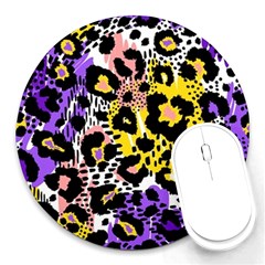 Black Leopard print with yellow, gold, purple and pink Round Mousepads