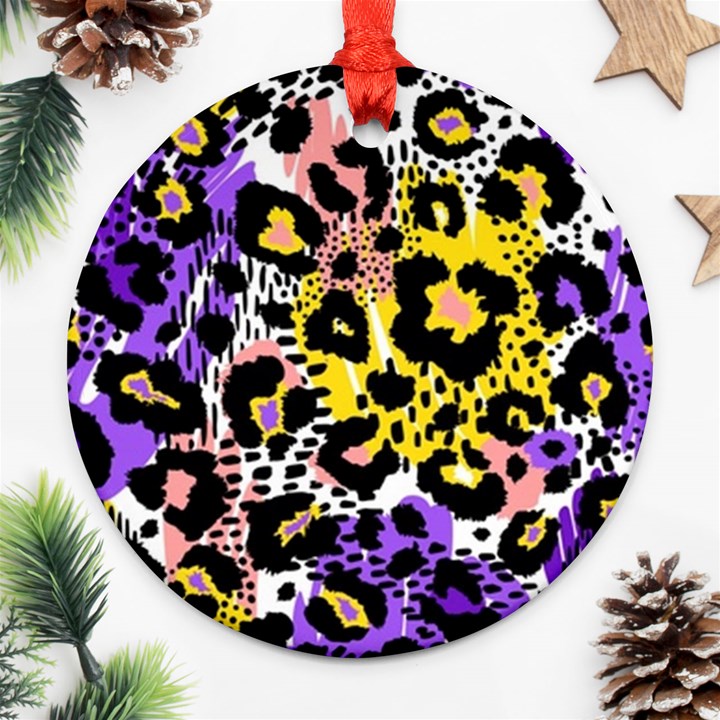 Black Leopard print with yellow, gold, purple and pink Ornament (Round)