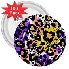 Black Leopard Print With Yellow, Gold, Purple And Pink 3  Buttons (100 Pack)  by AnkouArts