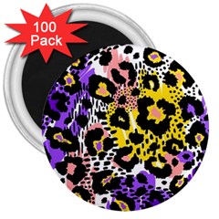 Black Leopard Print With Yellow, Gold, Purple And Pink 3  Magnets (100 Pack) by AnkouArts