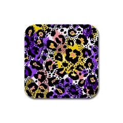 Black Leopard print with yellow, gold, purple and pink Rubber Square Coaster (4 pack) 