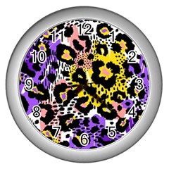 Black Leopard Print With Yellow, Gold, Purple And Pink Wall Clock (silver) by AnkouArts