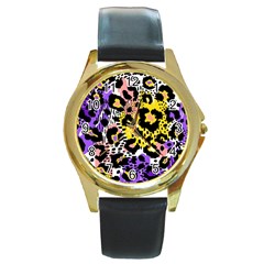 Black Leopard print with yellow, gold, purple and pink Round Gold Metal Watch