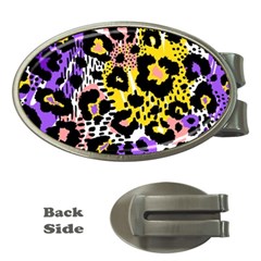 Black Leopard Print With Yellow, Gold, Purple And Pink Money Clips (oval)  by AnkouArts