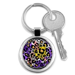 Black Leopard Print With Yellow, Gold, Purple And Pink Key Chain (round) by AnkouArts