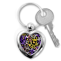 Black Leopard Print With Yellow, Gold, Purple And Pink Key Chain (heart) by AnkouArts