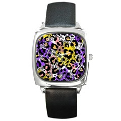 Black Leopard print with yellow, gold, purple and pink Square Metal Watch