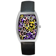 Black Leopard print with yellow, gold, purple and pink Barrel Style Metal Watch