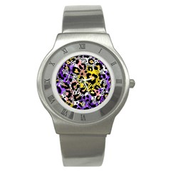 Black Leopard print with yellow, gold, purple and pink Stainless Steel Watch